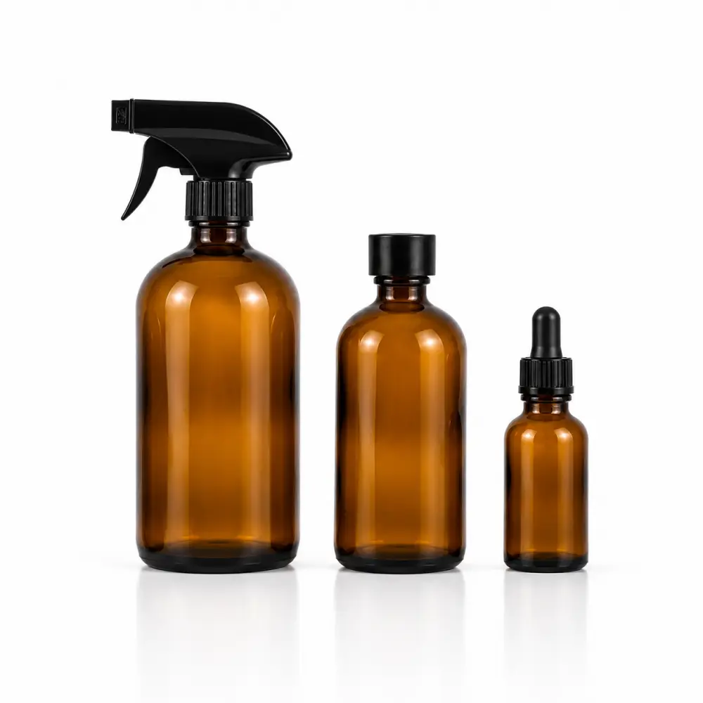 Amber and colored Boston round glass bottles for essential oils