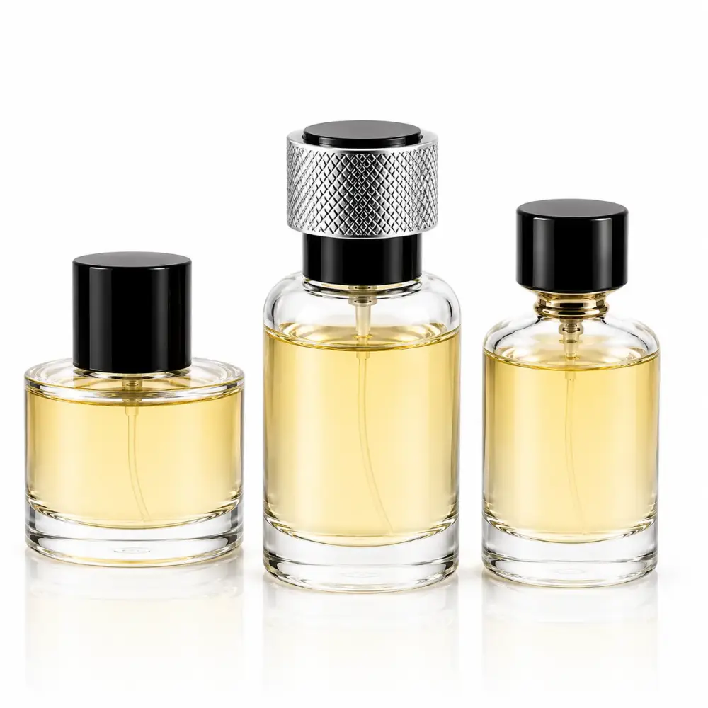 Custom round perfume glass bottles with coordinated caps