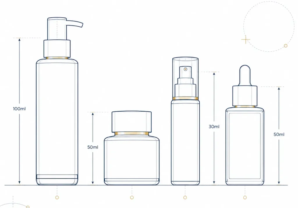Custom cosmetic bottle shapes and sizes illustration showing different bottle designs, capacities and dimensions for beauty packaging