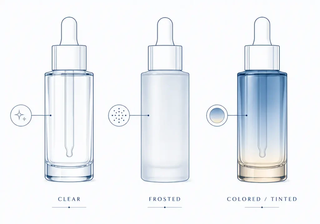 Cosmetic glass colors and finishes illustration showing clear, frosted and colored glass bottle options for premium packaging