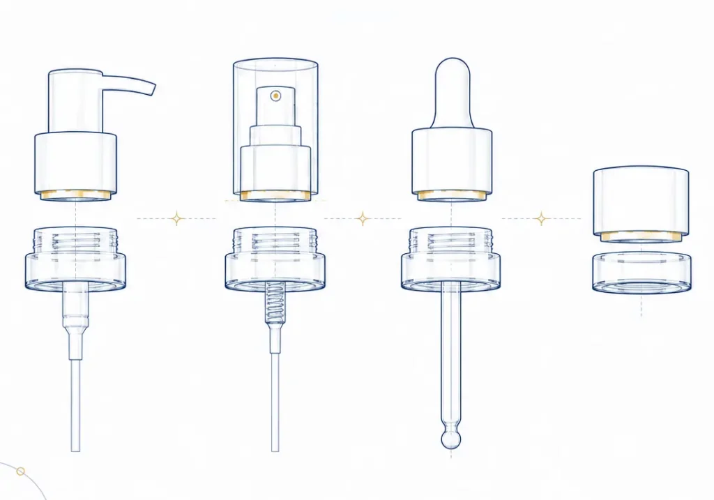 Cosmetic packaging components illustration showing pumps, sprayers, droppers and closures for glass bottle solutions