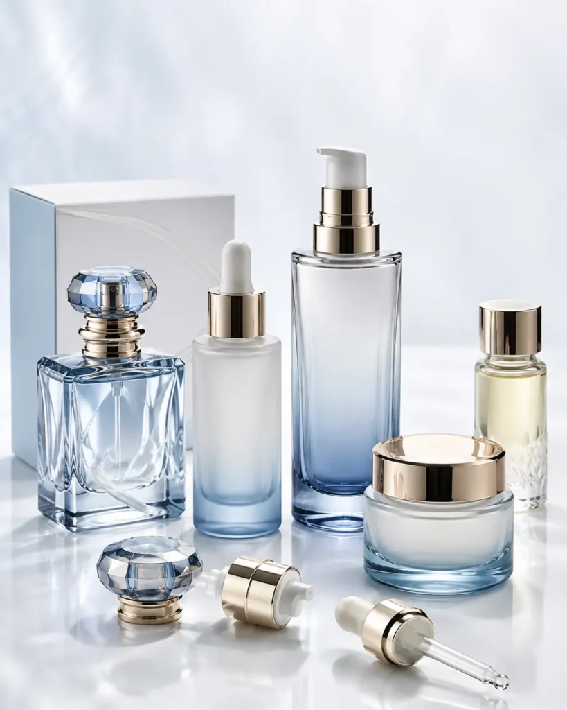 Custom cosmetic glass packaging bottles and jars with pumps, droppers and decorative closures