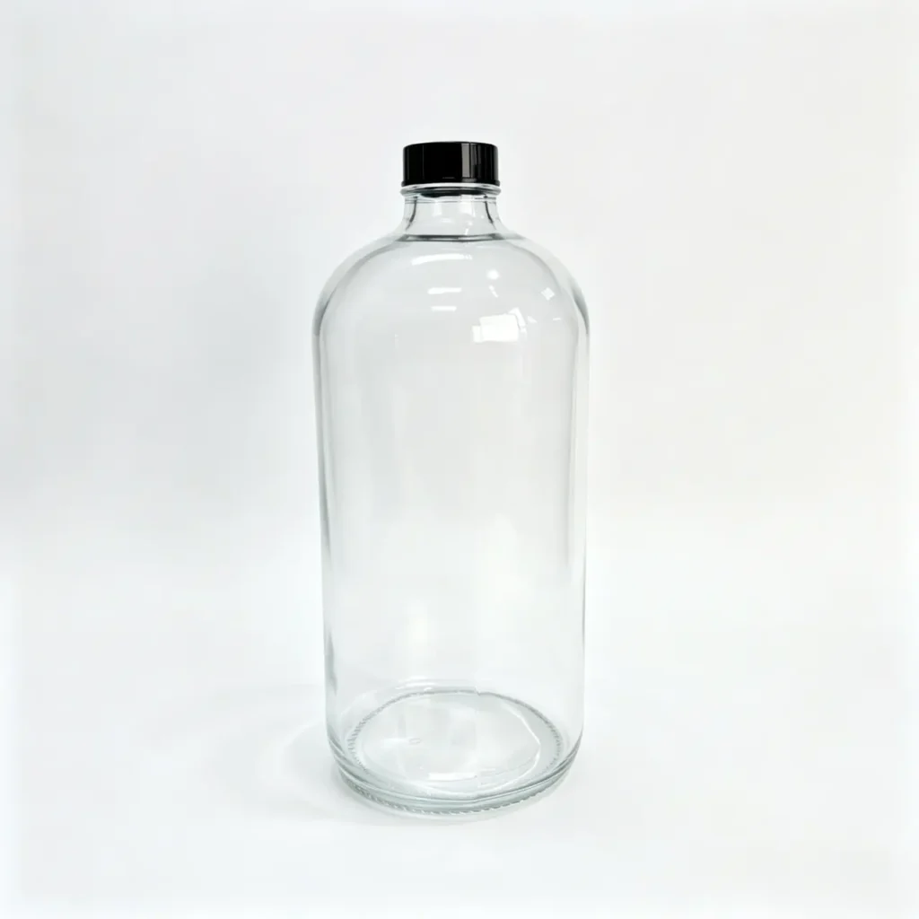 1000ml clear Boston round bottle shown from the front with matching cap and transparent cylindrical body