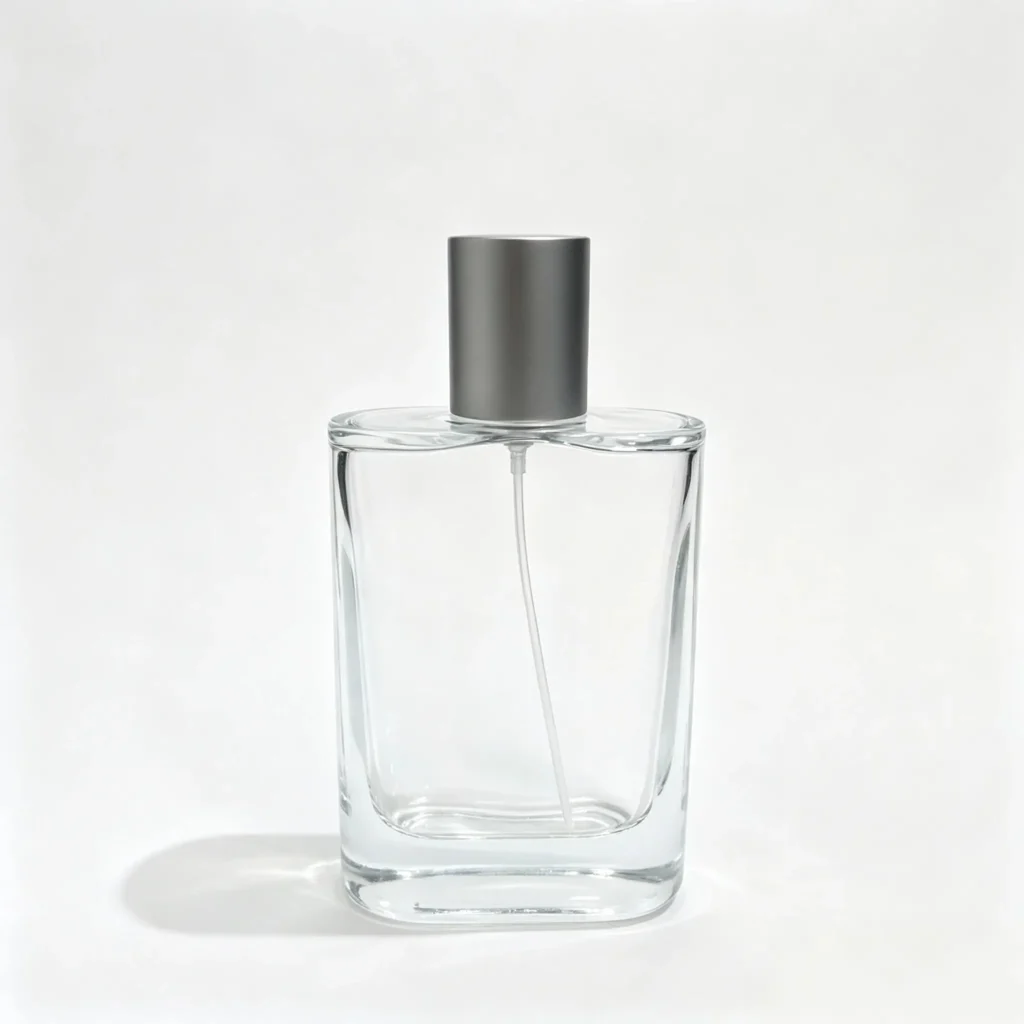 100ml custom rectangular perfume bottle shown in complete front view with crimp sprayer and outer cap