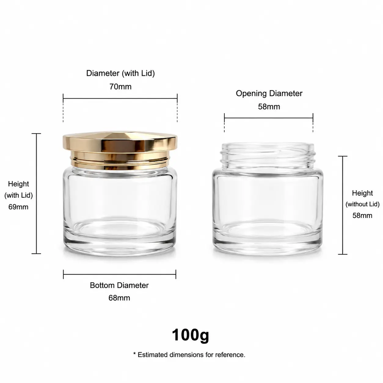 100g Glass Face Cream Jar Dimensions and Capacity 100g glass face cream jar dimensions showing 58 mm opening diameter, 68 mm bottom diameter, and 69 mm assembled height.