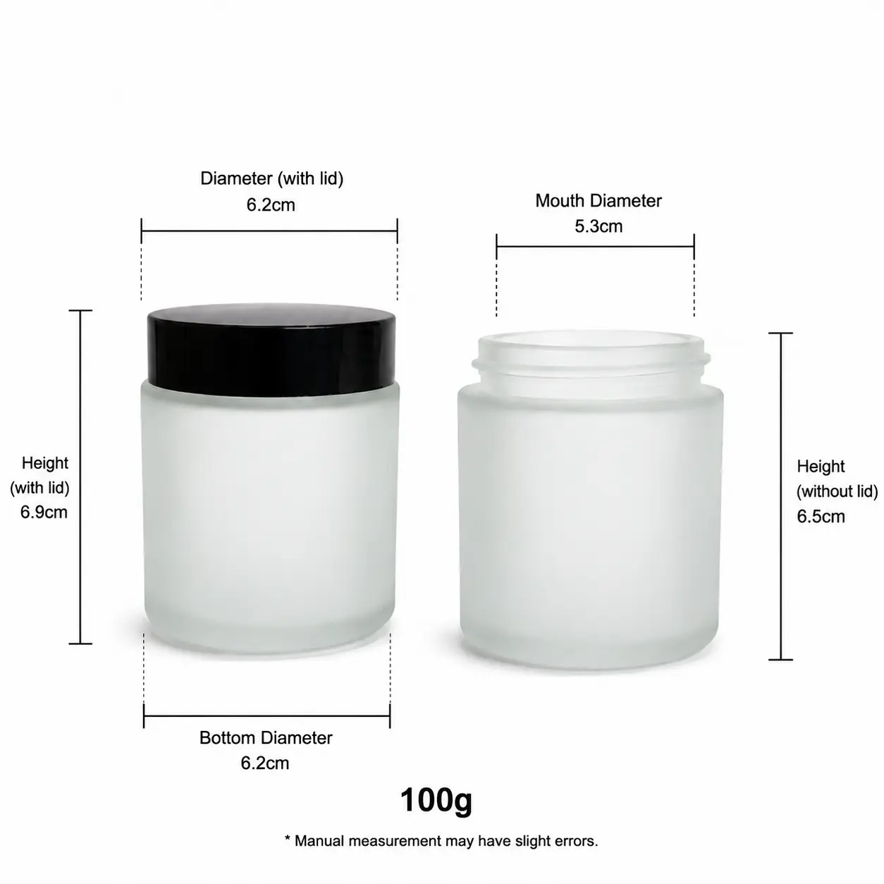 100g Glass Face Cream Jar Dimensions and Capacity 100g glass face cream jar dimensions showing 53 mm opening diameter, 62 mm bottom diameter and 69 mm overall height