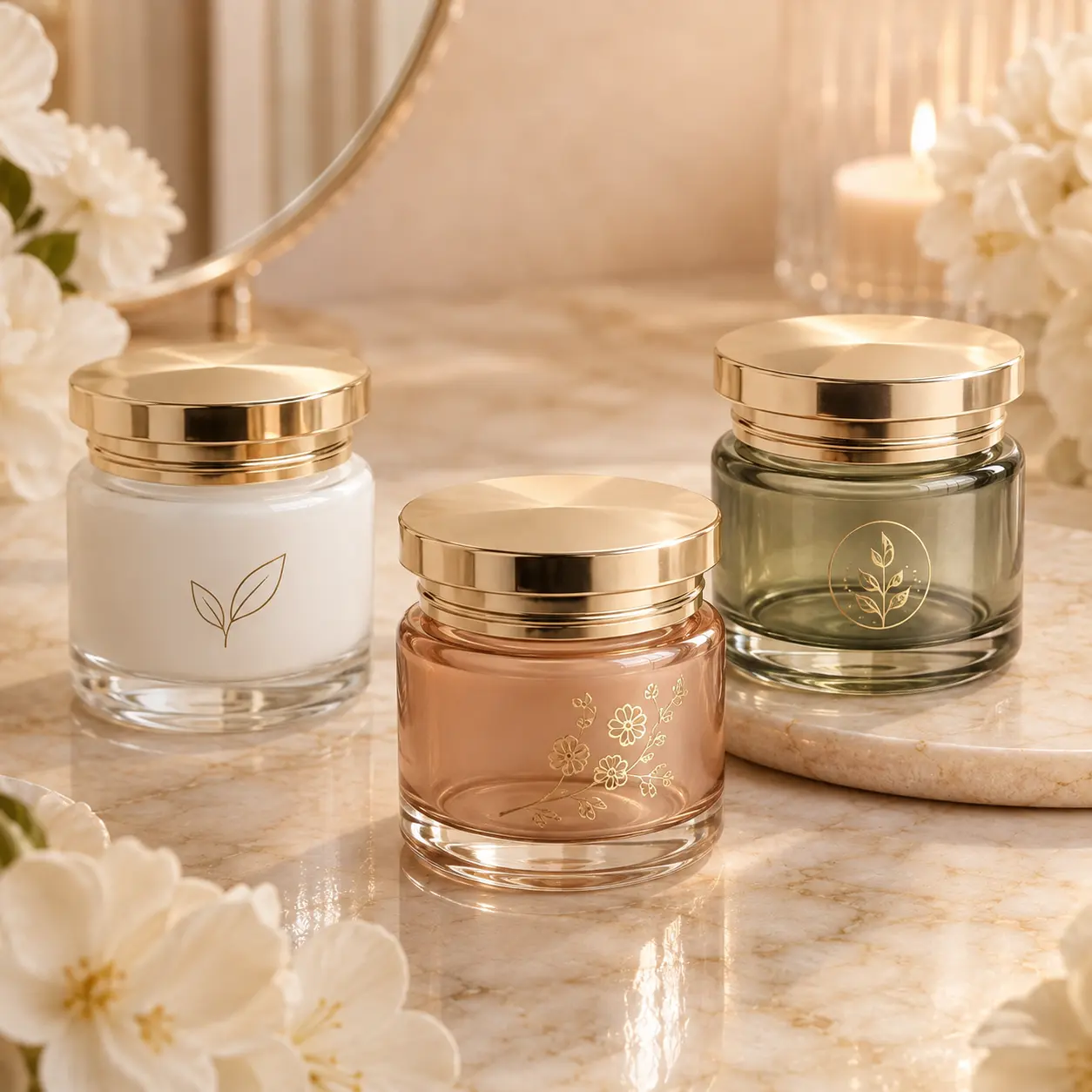 100g Glass Face Cream Jar Printing Color Reference 100g glass face cream jar showing printing colors and decorative customization references for cosmetic packaging.
