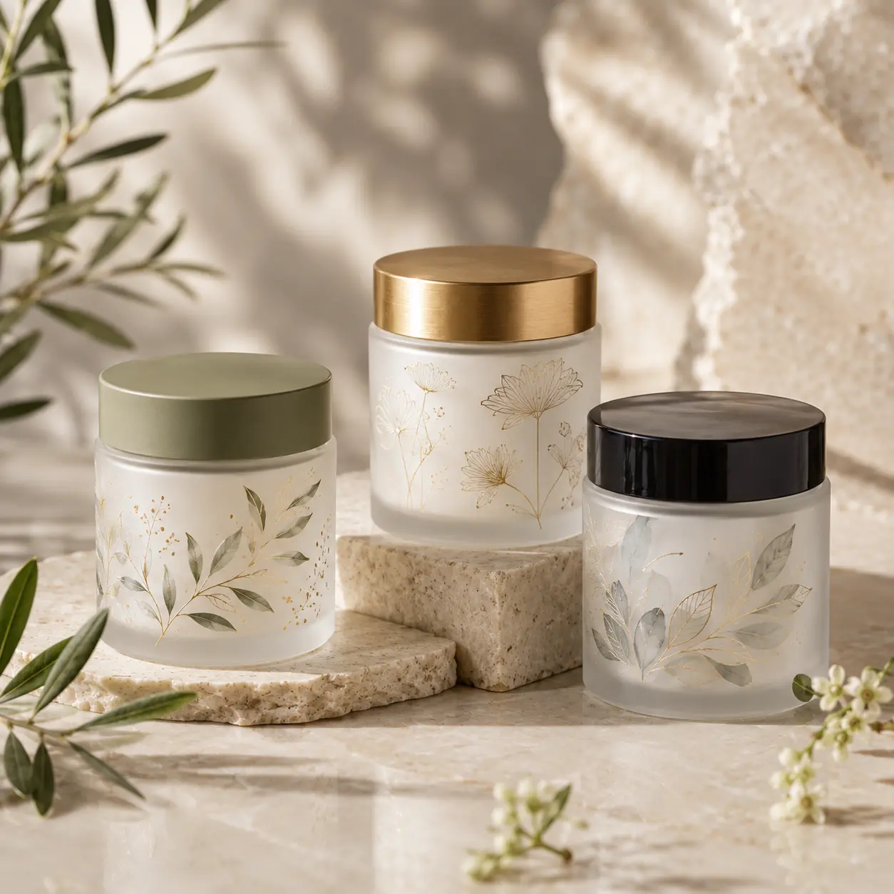 100g Glass Face Cream Jar Printing Color Reference 100g glass face cream jars showing different decoration colors and printing options for customization