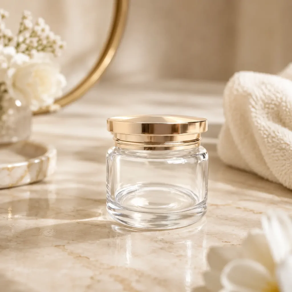 100g glass face cream jar displayed in a cosmetic packaging product scene.