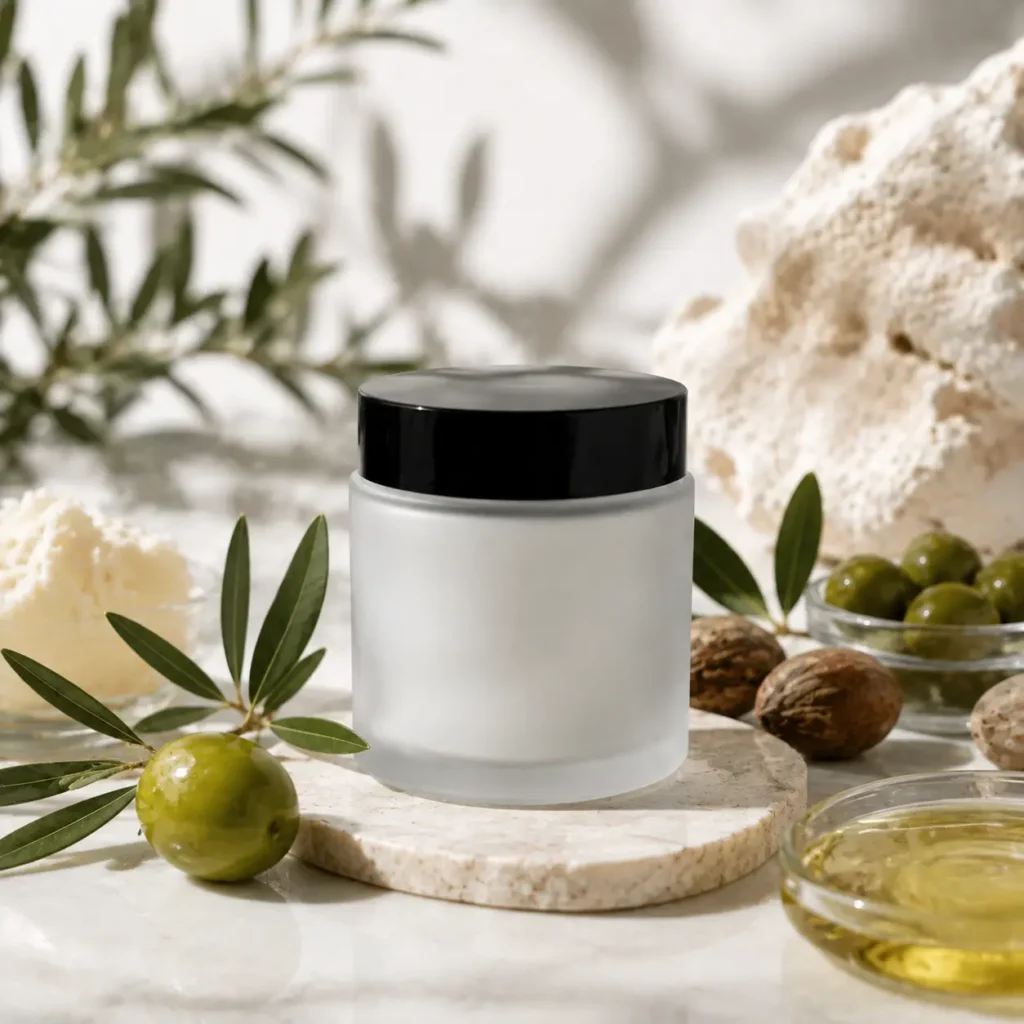100g glass face cream jar displayed upright in a complete cosmetic packaging scene
