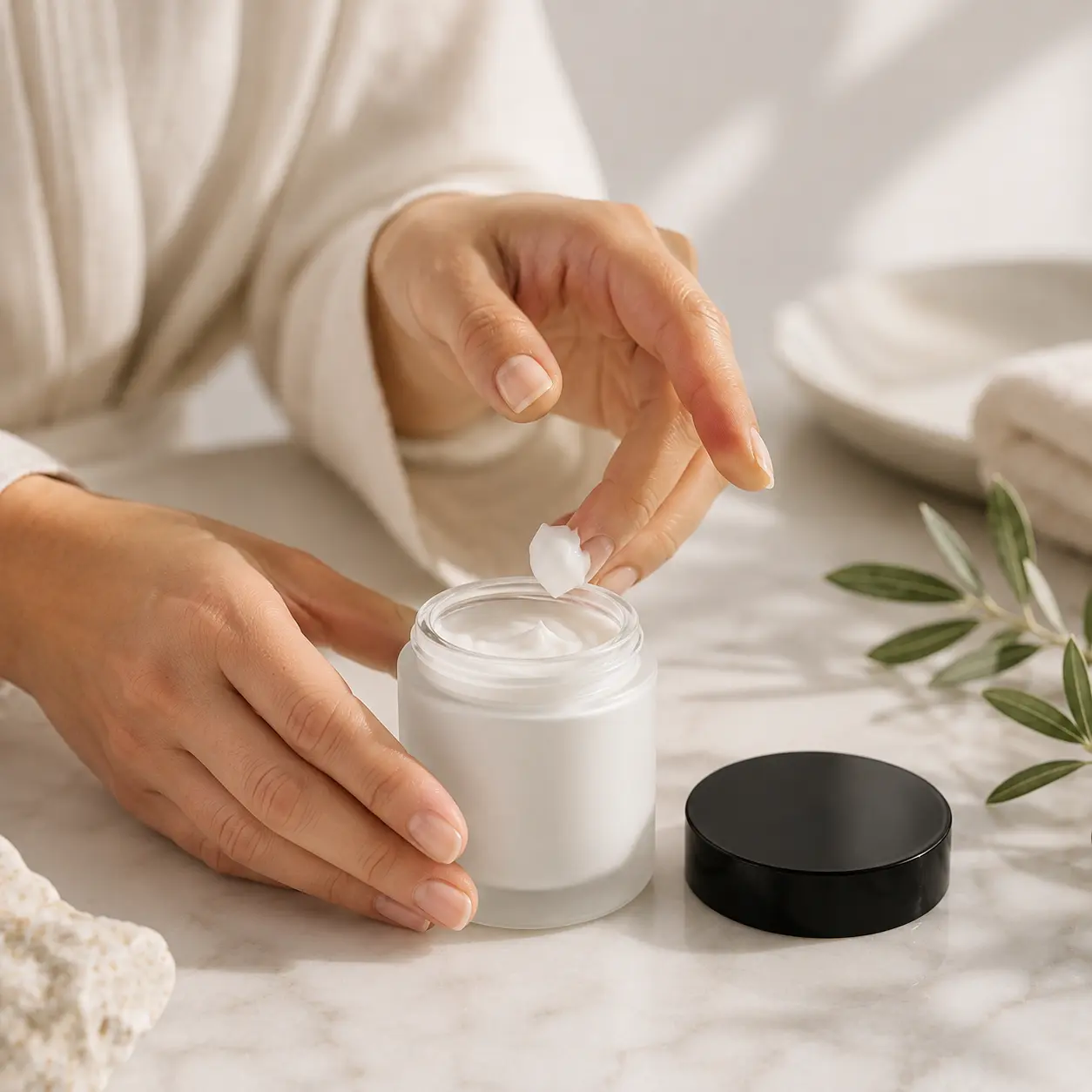 100g Glass Face Cream Jar Usage Scene 100g glass face cream jar shown in a skincare cream application setting