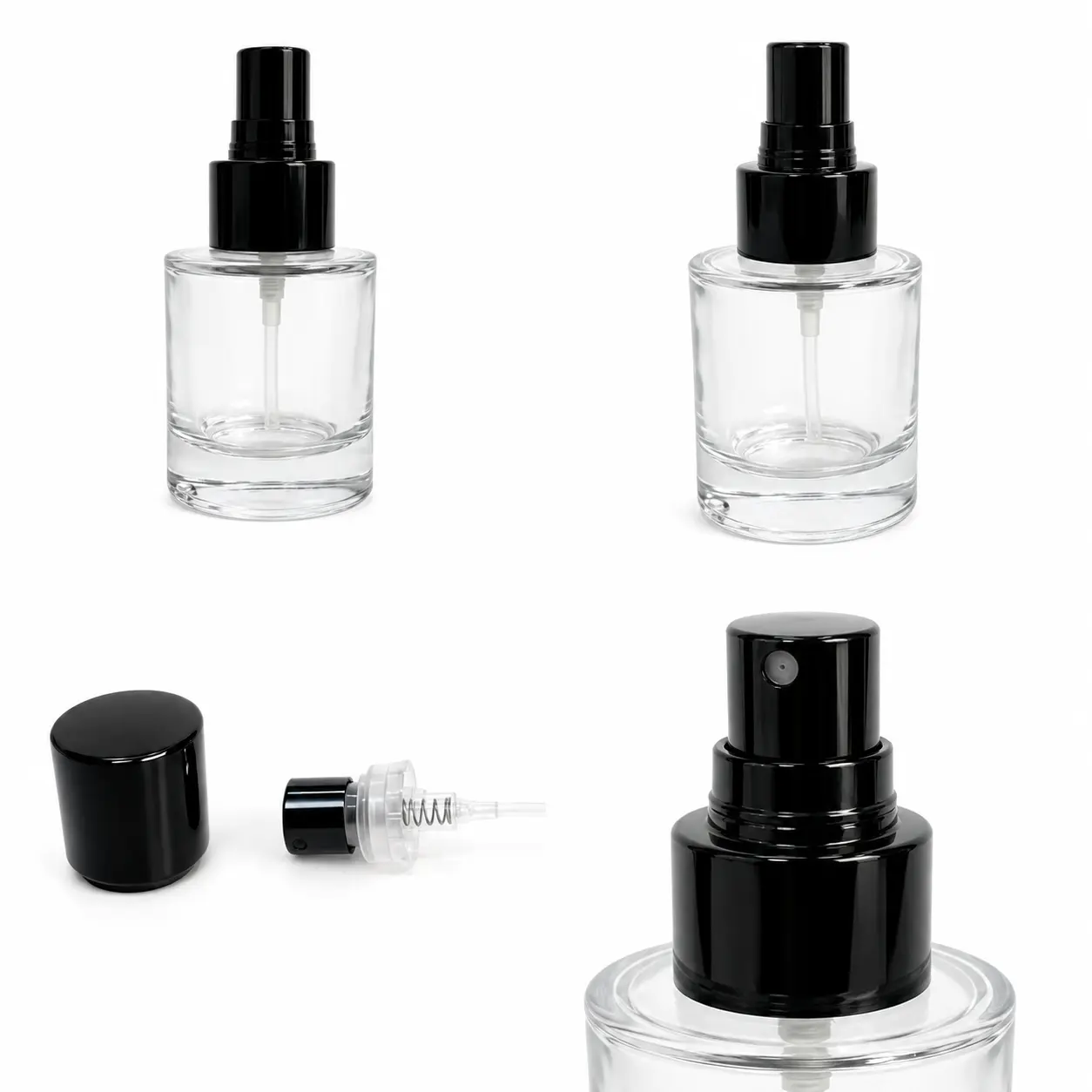 100ml clear cylindrical glass perfume bottle detail views highlighting the round body profile crimp closure and packaging components