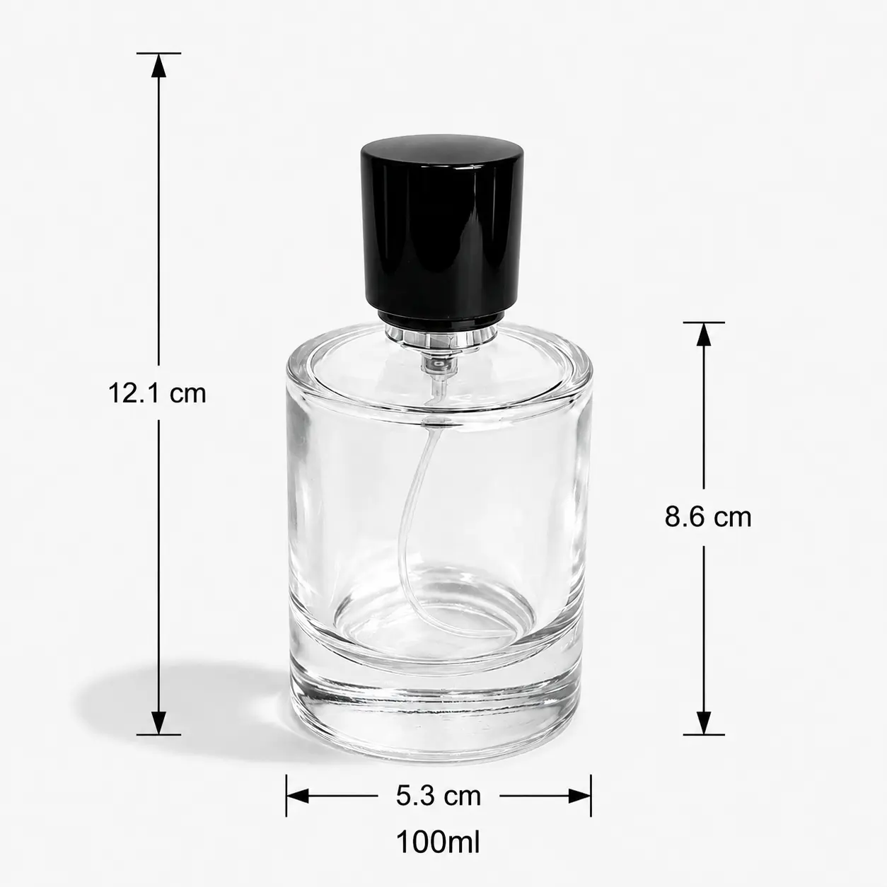 100ml clear cylindrical glass perfume bottle dimensions showing 53 mm width 53 mm depth and 121 mm overall height with cap