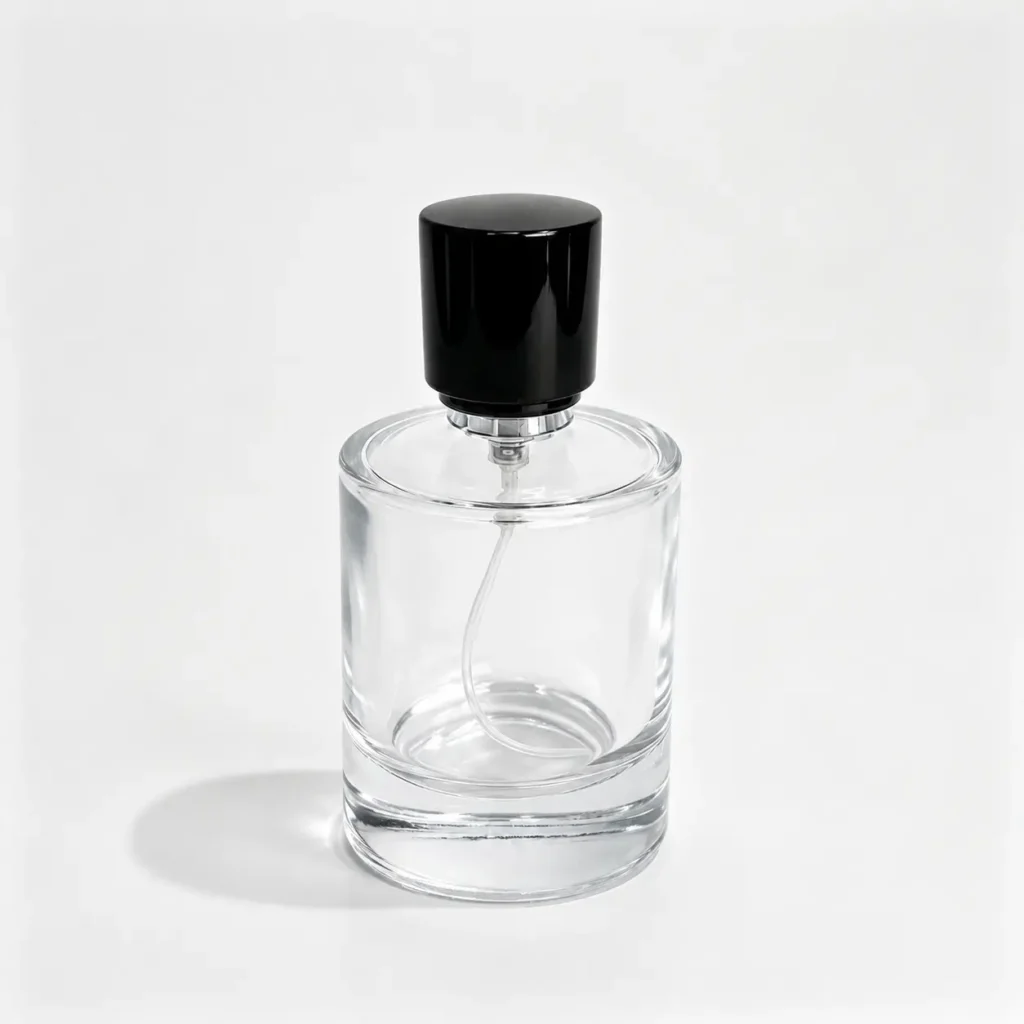 100ml clear cylindrical glass perfume bottle shown in complete front view with crimp sprayer and outer cap