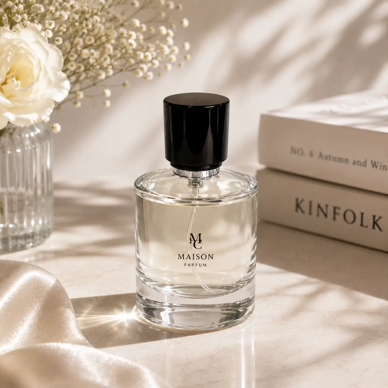 100ml clear cylindrical glass perfume bottle displayed in a fragrance packaging scene with its complete spray and cap configuration