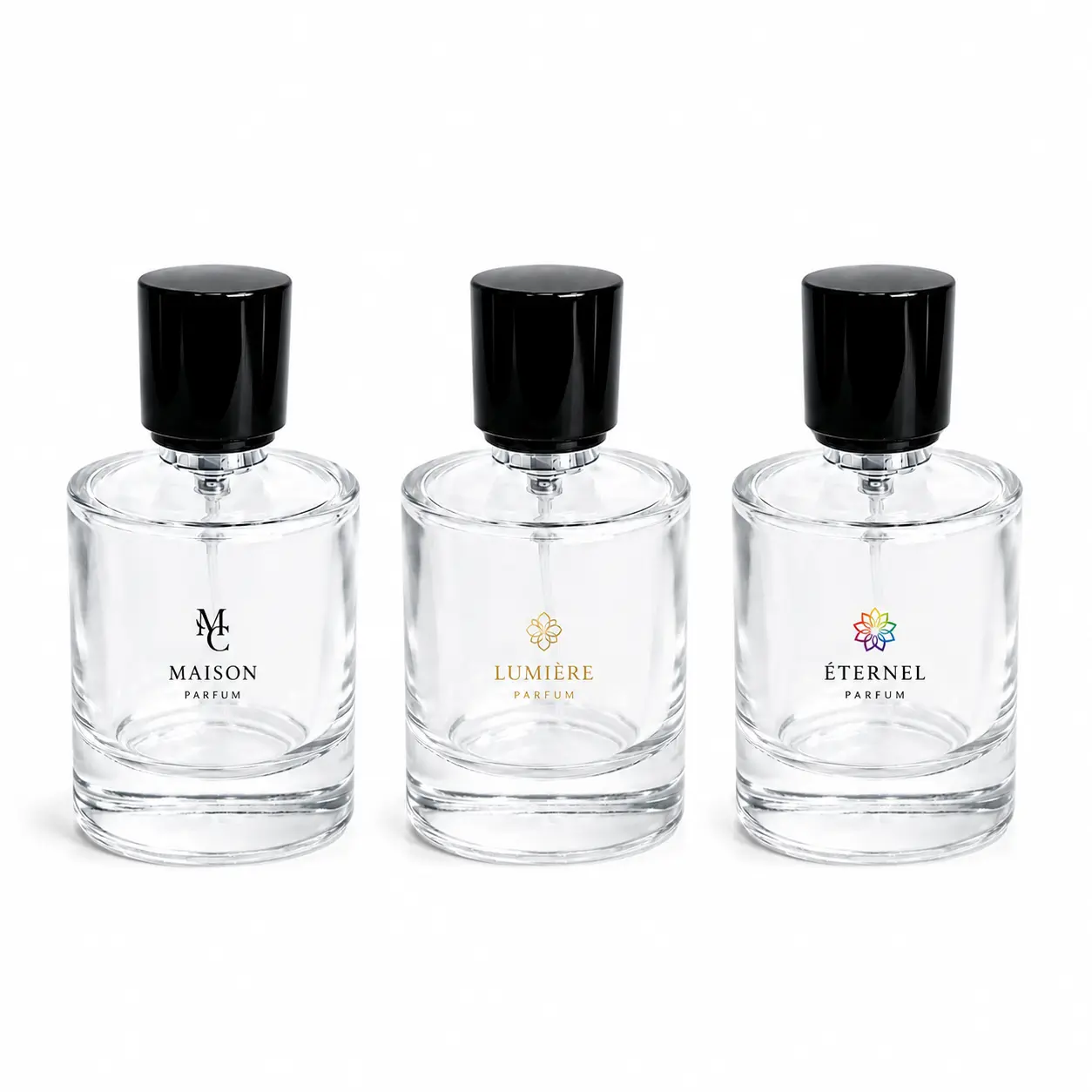 100ml custom clear cylindrical glass perfume bottle showing a logo decoration reference on the round bottle surface