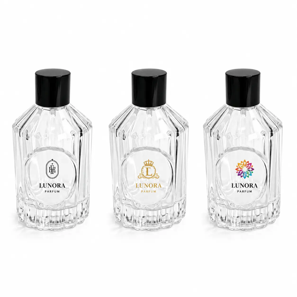 100ml custom ribbed glass perfume bottle showing a logo decoration reference within the distinctive round branding panel