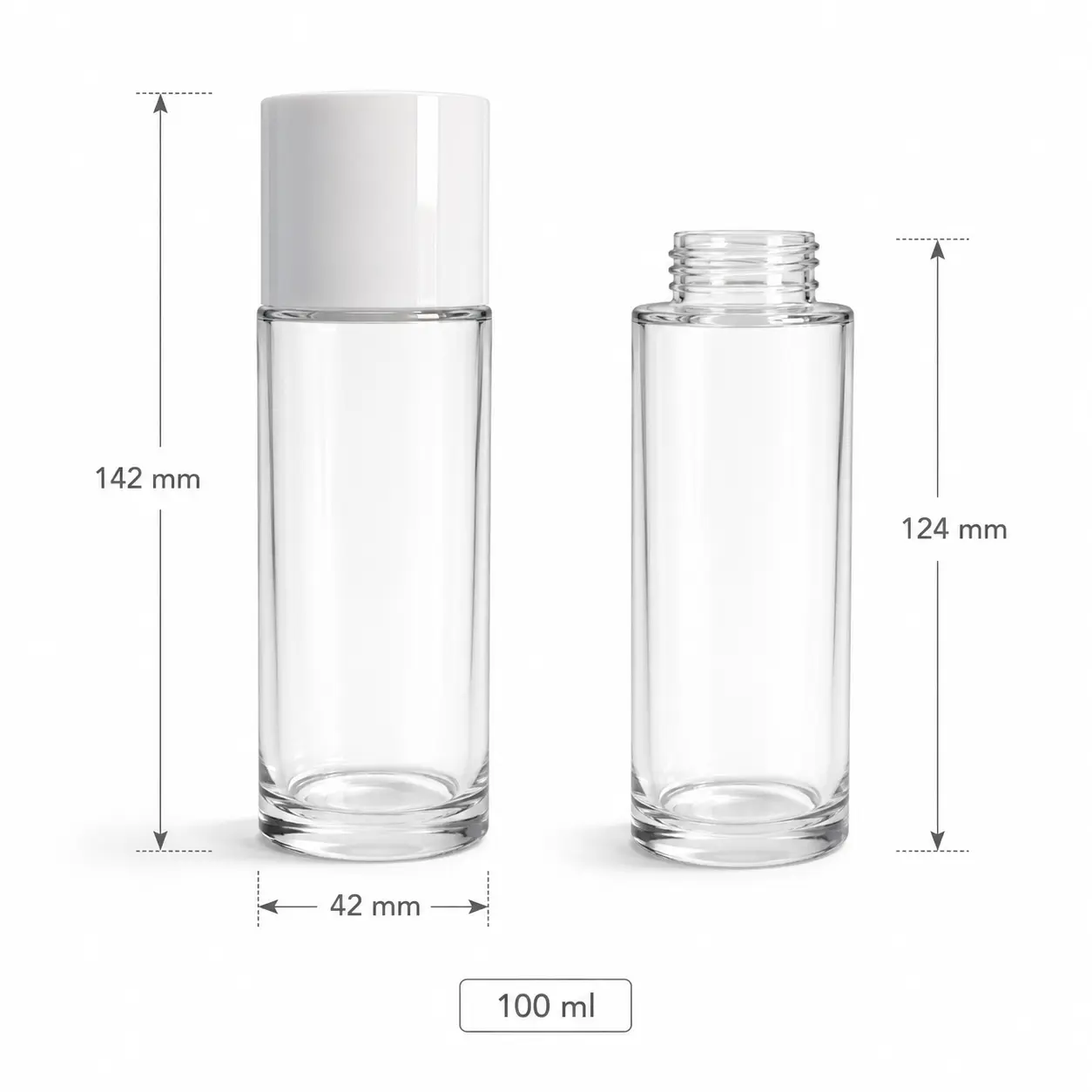 100ml Facial Toner Glass Bottle Dimensions and Capacity 100ml facial toner glass bottle dimensions showing 42 mm diameter, 142 mm overall height and 124 mm bottle height without cap