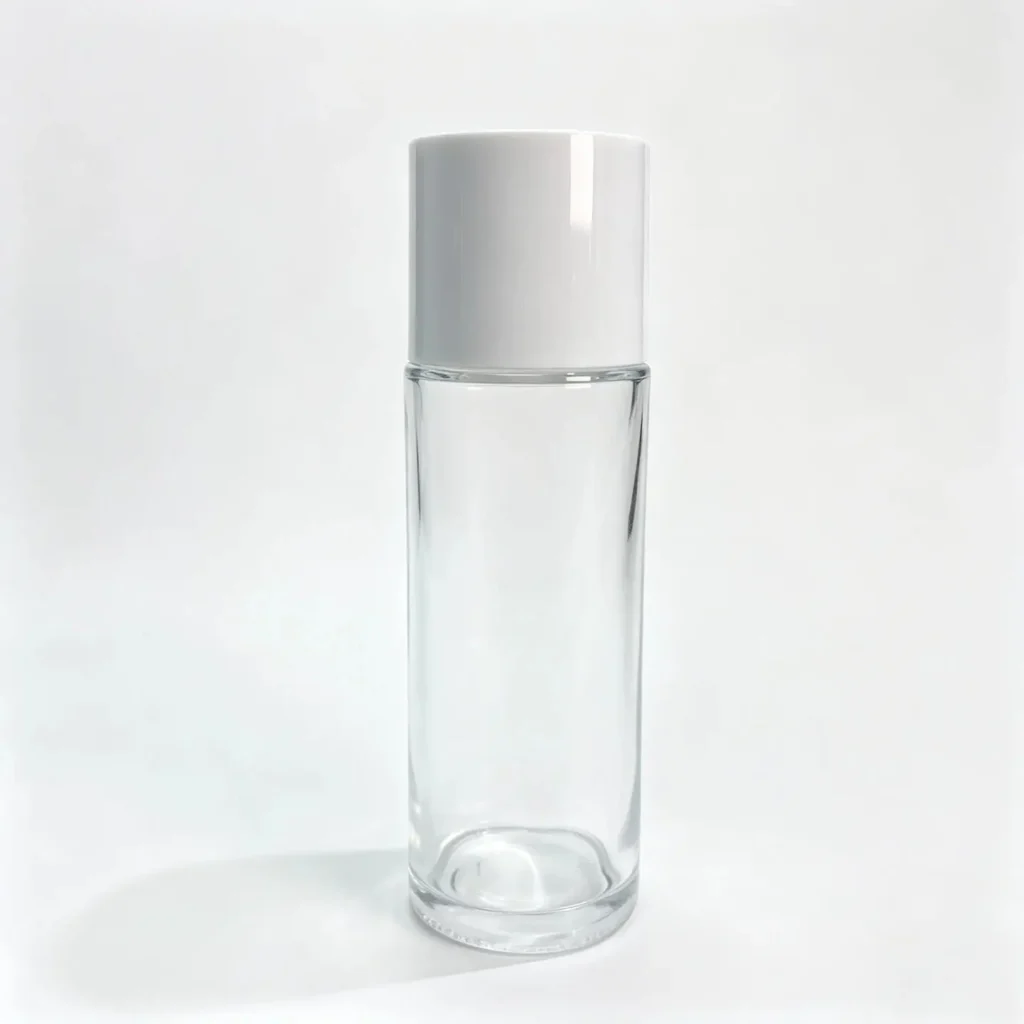 Front view of the complete 100ml facial toner glass bottle with matching closure components