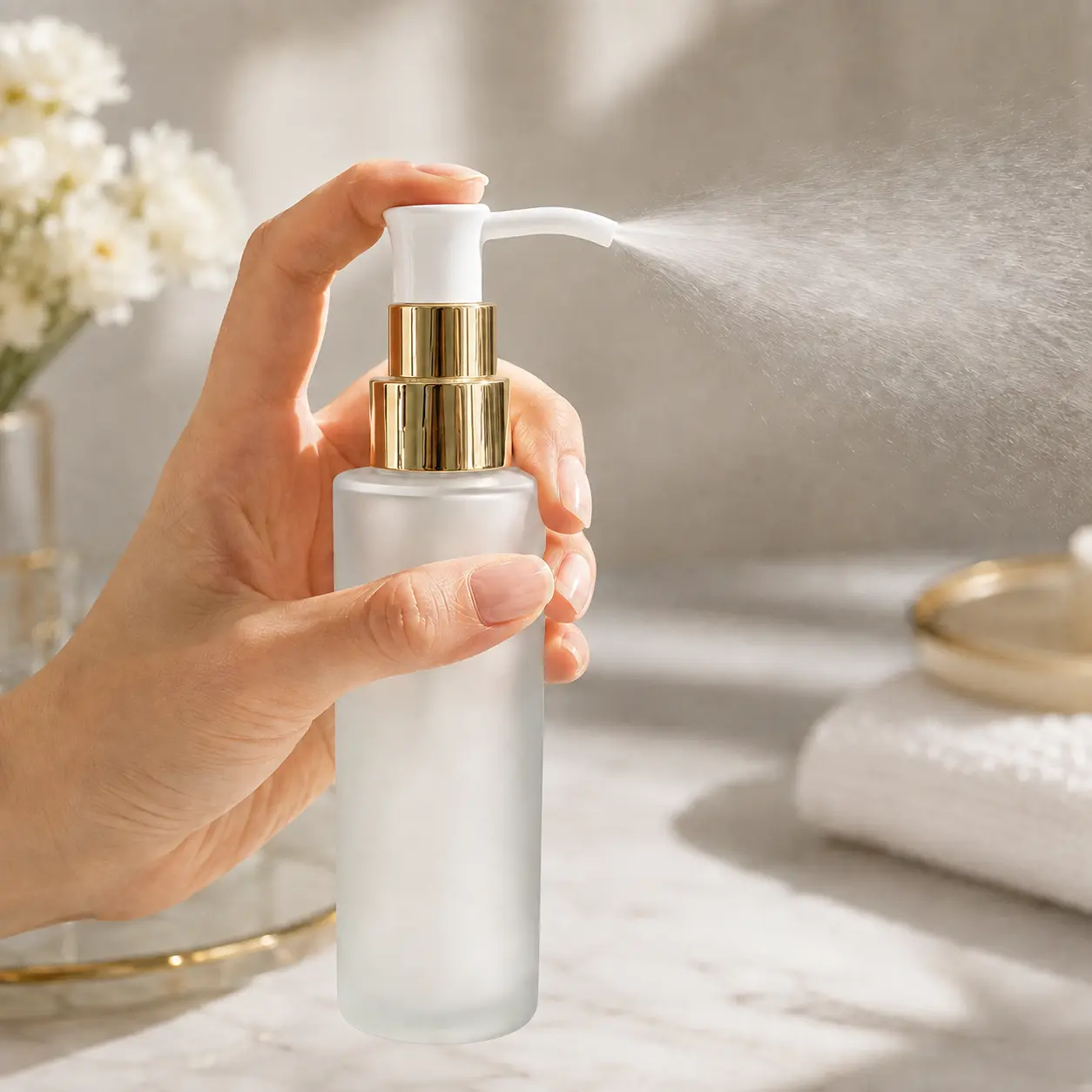 100ml frosted glass lotion bottle shown in a cosmetic packaging application setting