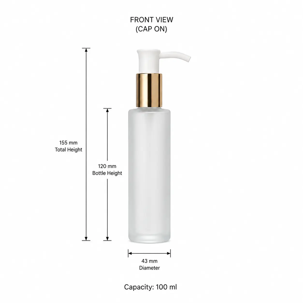 100ml frosted glass lotion bottle dimensions showing 43mm bottom width and 155mm assembled height