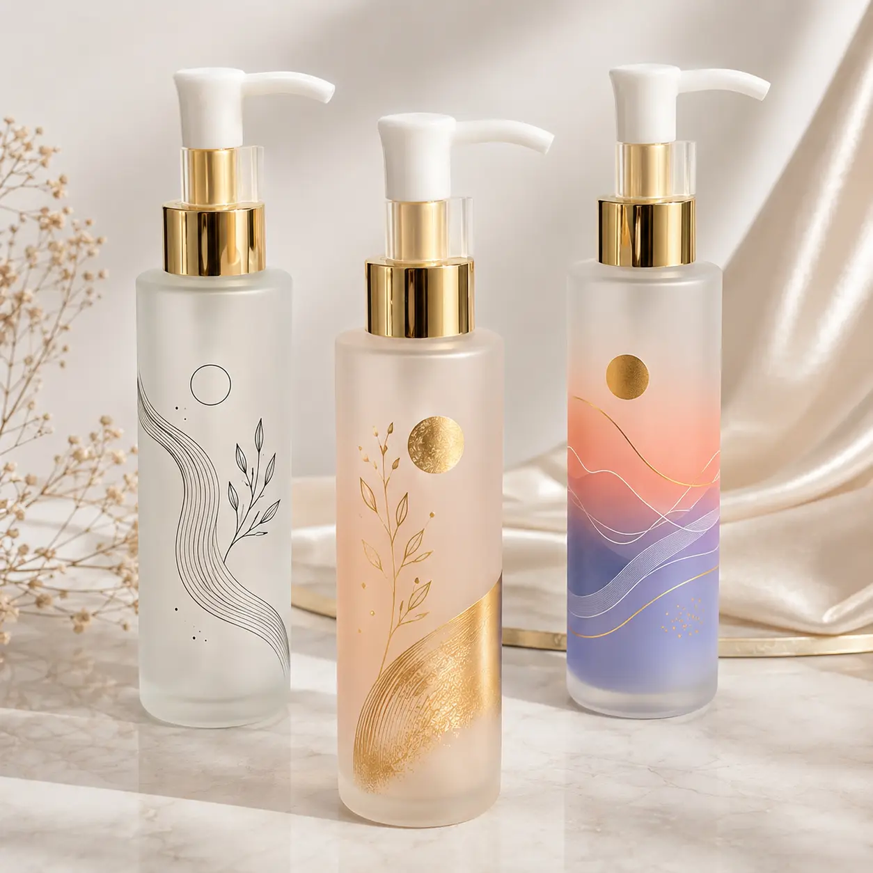 Custom printing and color finish reference for the 100ml frosted glass lotion bottle