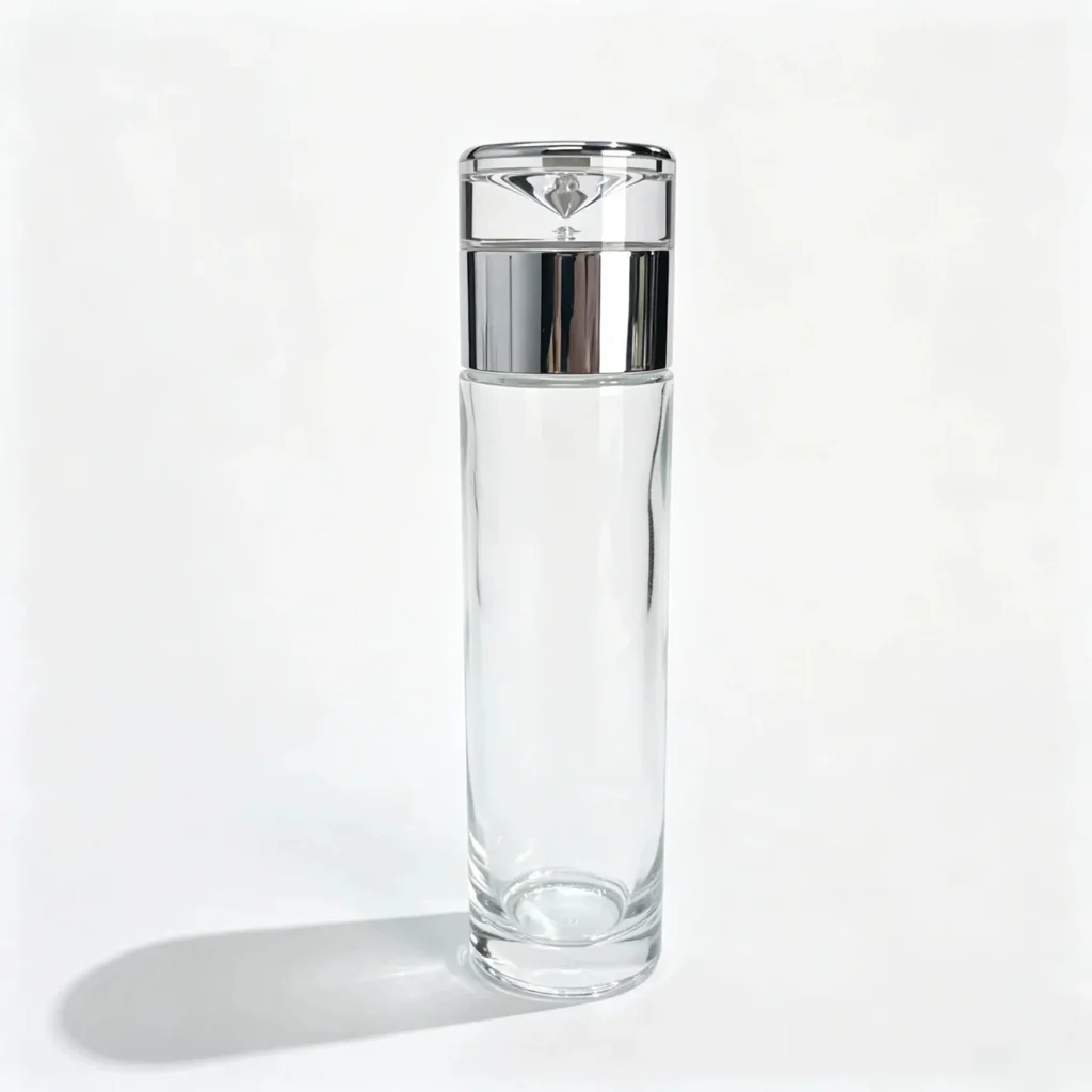 100ml Glass Lotion Pump Bottle with assembled pump, collar and cap front view