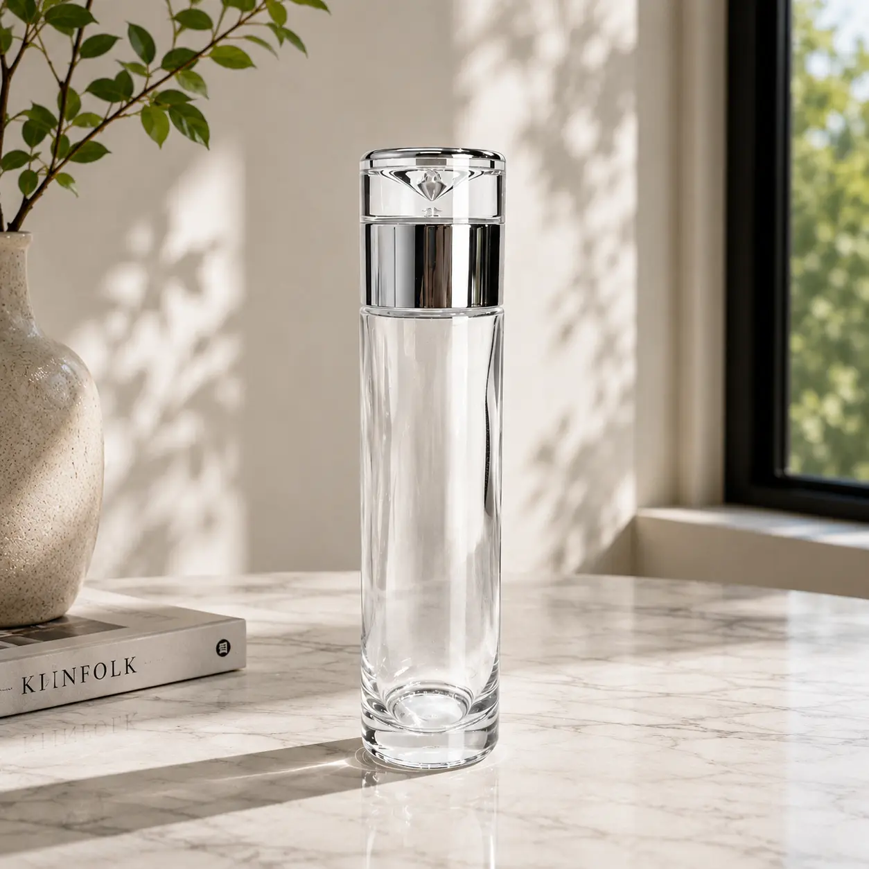 100ml Glass Lotion Pump Bottle Packaging Scene 100ml Glass Lotion Pump Bottle displayed in a cosmetic packaging scene