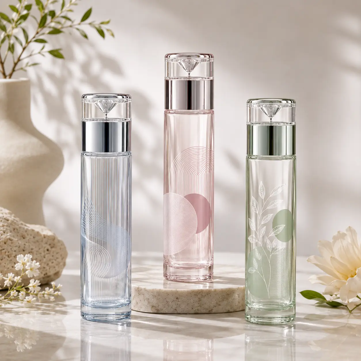 100ml Glass Lotion Pump Bottle Printing Color Reference 100ml Glass Lotion Pump Bottle showing custom printing and color decoration reference