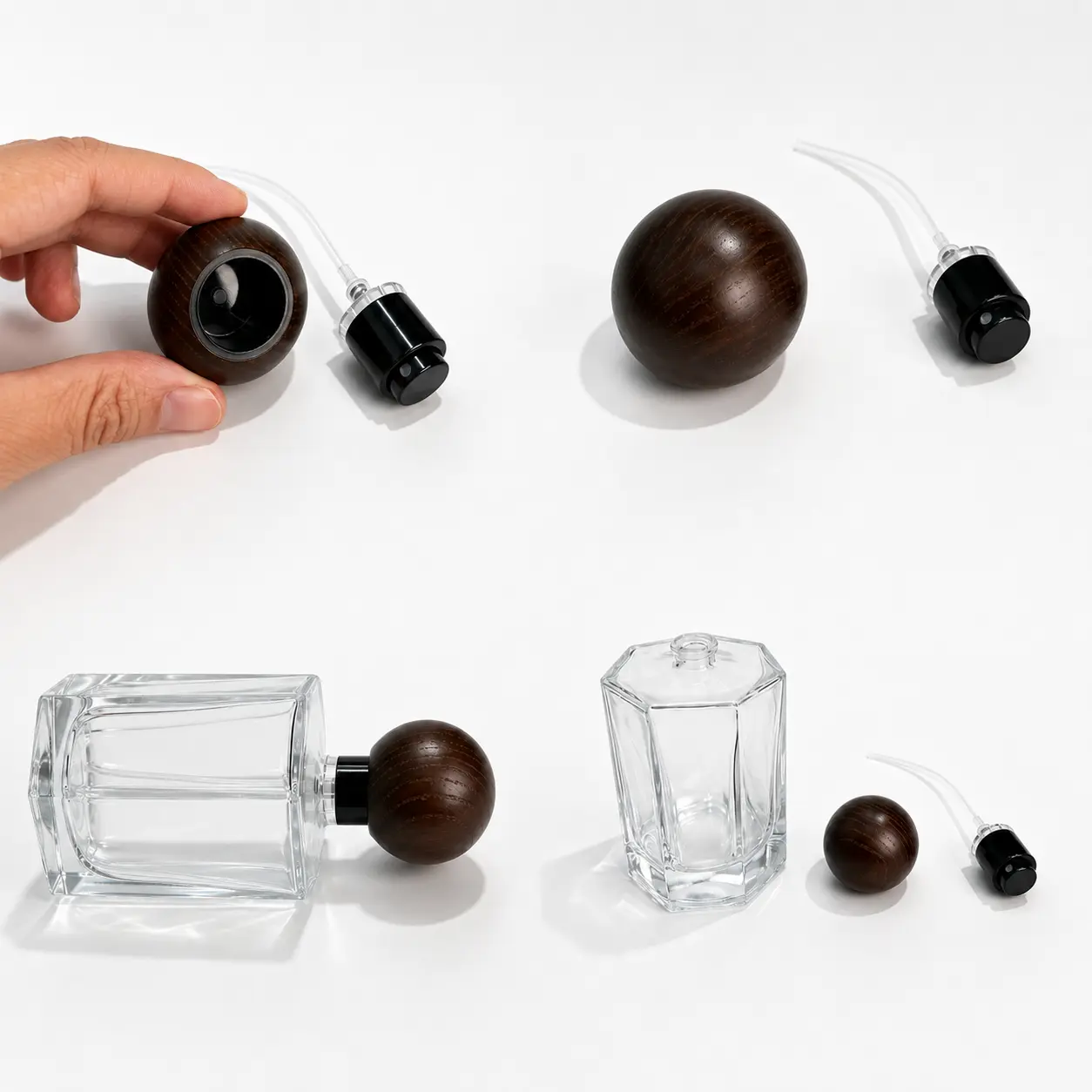 100ml octagonal glass perfume bottle detail composition showing the eight-sided body, crimp components and walnut wood ball cap