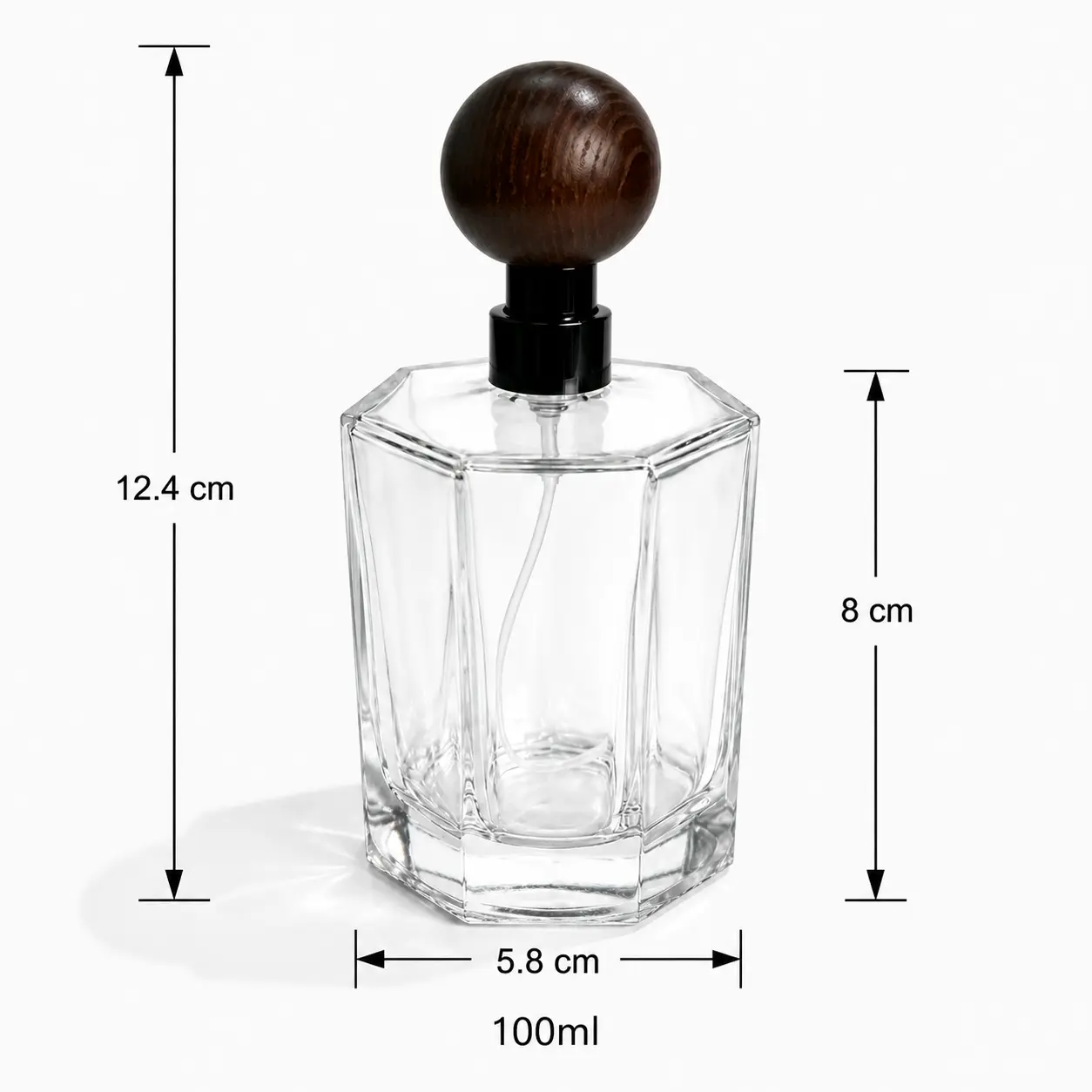 100ml octagonal glass perfume bottle dimensions showing 58 mm width, 58 mm depth and 124 mm overall height with cap