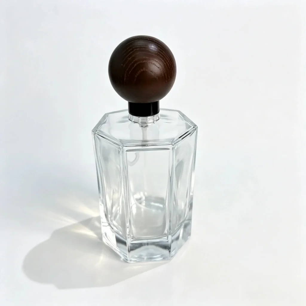 100ml octagonal glass perfume bottle shown in complete front view with crimp sprayer and walnut wood ball cap