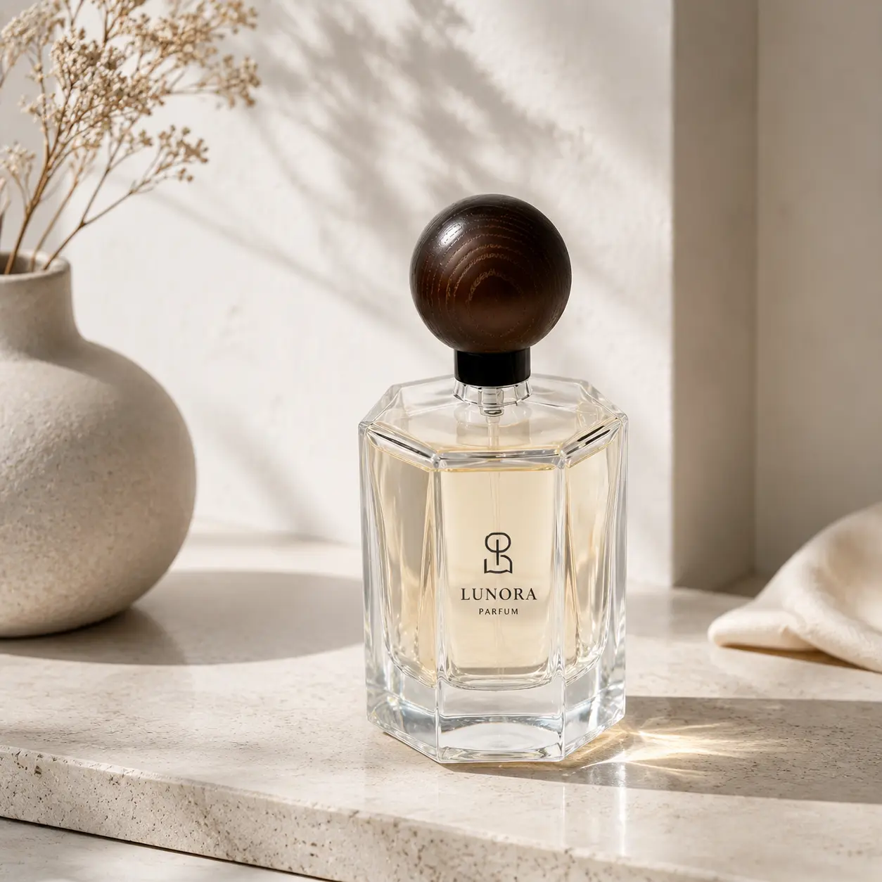 100ml octagonal glass perfume bottle displayed in a fragrance packaging scene with its walnut wood ball-shaped cap