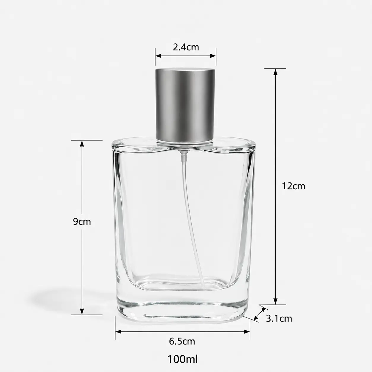 100ml rectangular perfume bottle dimensions showing 65 mm width, 31 mm depth and 120 mm overall height with cap