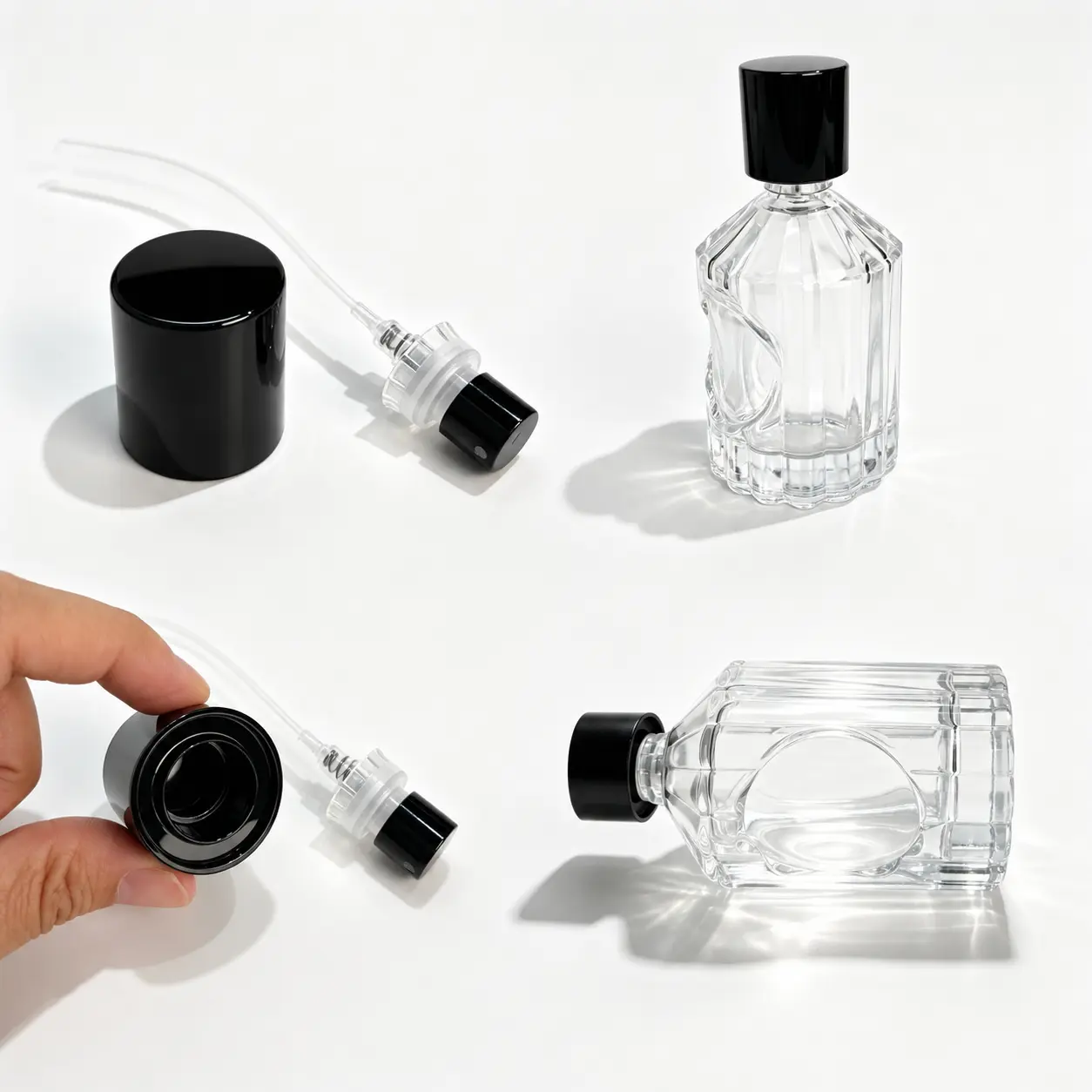 100ml ribbed glass perfume bottle detail composition highlighting the vertical embossed ribs round logo panel and heavy base structure