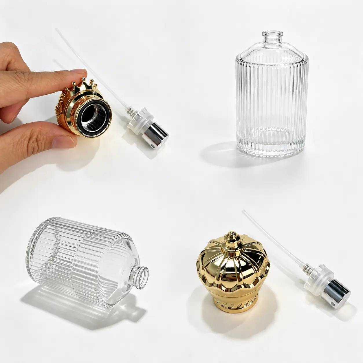 100ml Ribbed Glass Perfume Bottle Detail View 100ml ribbed glass perfume bottle detail composition showing the vertical texture crimp components and gold crown-style cap