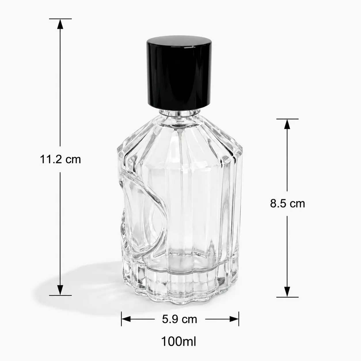 100ml ribbed glass perfume bottle dimensions showing a 59 mm square footprint and 112 mm overall height with cap