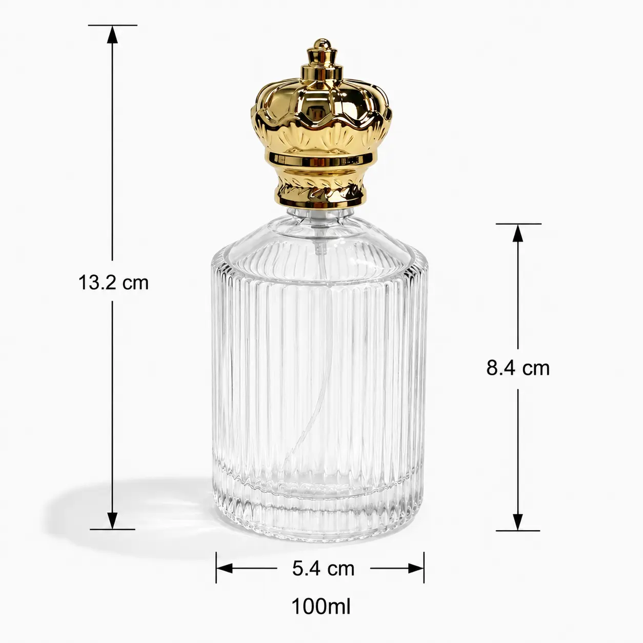 100ml Ribbed Glass Perfume Bottle Dimensions and Capacity 100ml ribbed glass perfume bottle dimensions showing a 54 mm cylindrical footprint with overall assembled height requiring confirmation