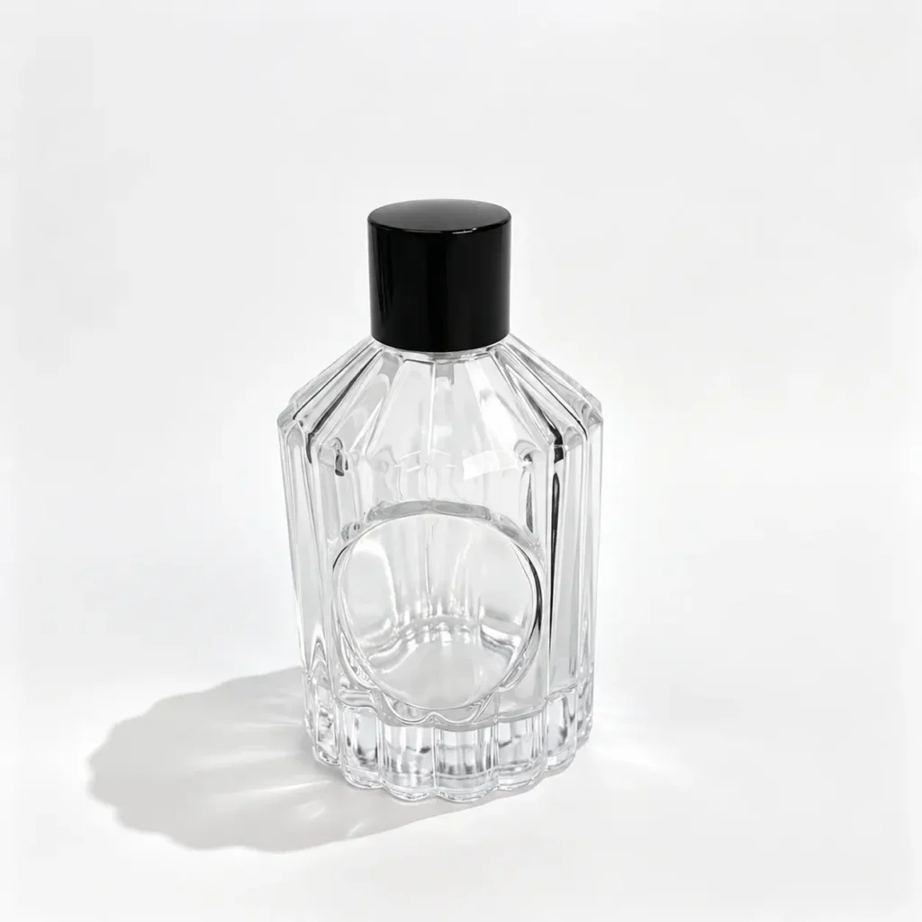 100ml ribbed glass perfume bottle shown in complete front view with vertical embossed detailing and a round logo panel