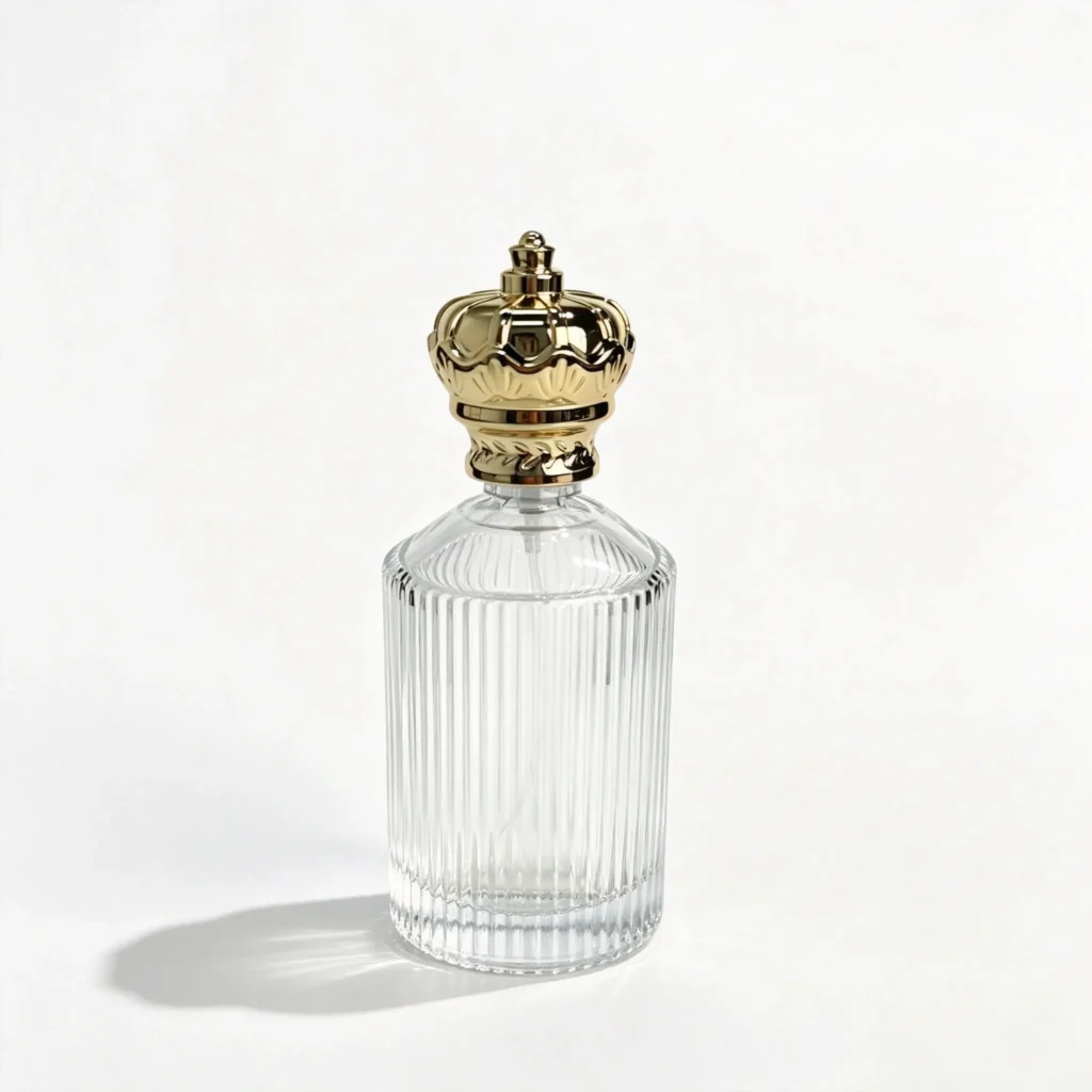 100ml ribbed glass perfume bottle shown in complete front view with crimp sprayer and gold crown-style outer cap