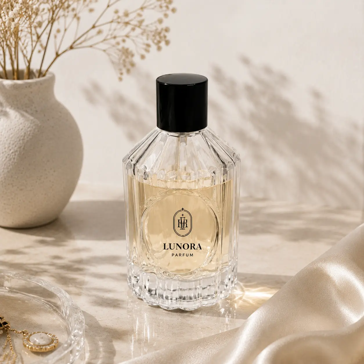 100ml ribbed heavy base glass perfume bottle displayed in a fragrance packaging scene with its complete closure