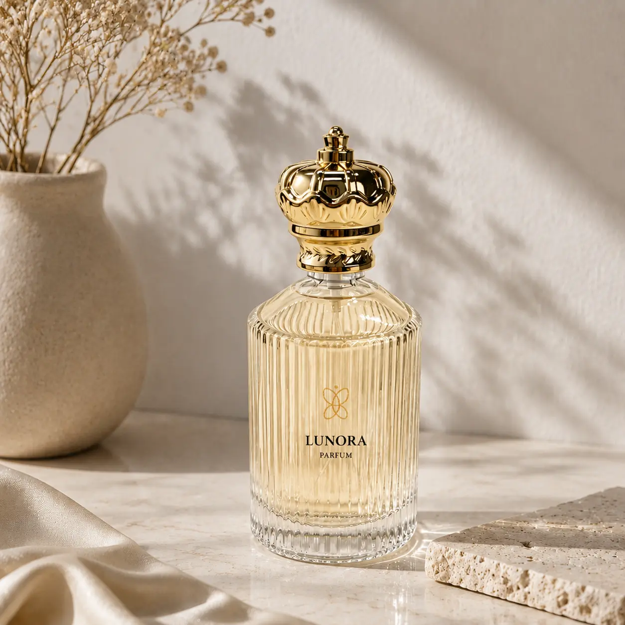 100ml Ribbed Glass Perfume Bottle Packaging Scene 100ml ribbed cylindrical glass perfume bottle displayed in a fragrance packaging scene with its gold crown-style cap