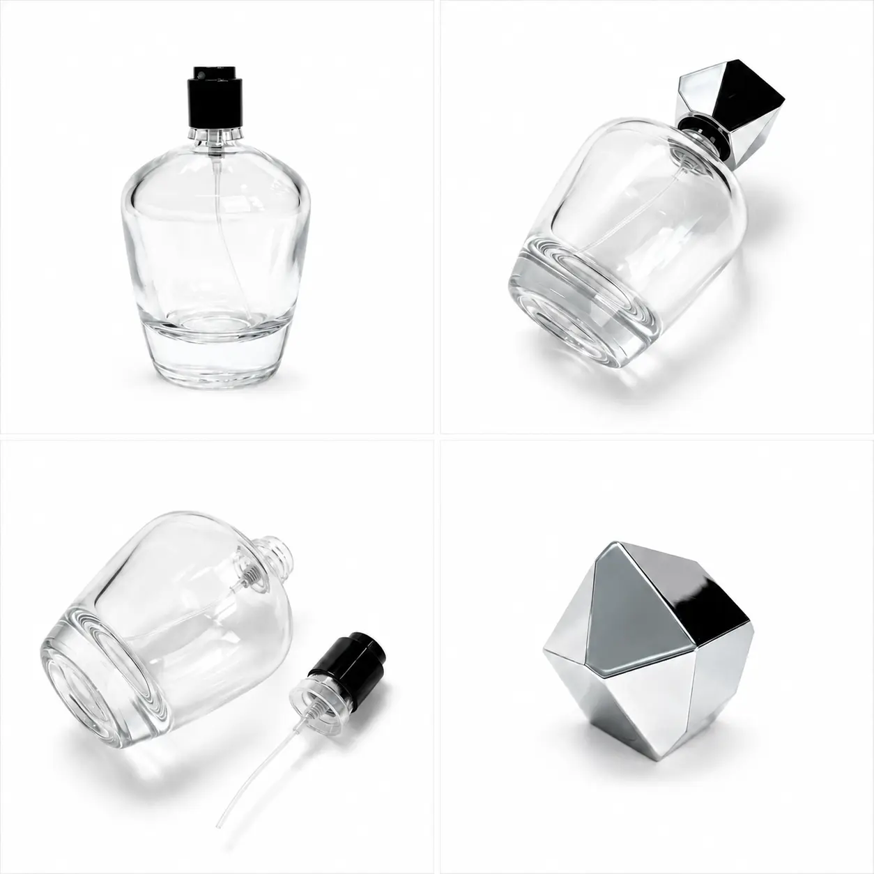 100ml Rounded Glass Perfume Bottle Detail View 100ml rounded glass perfume bottle detail views highlighting the curved body profile faceted cap and fragrance packaging components