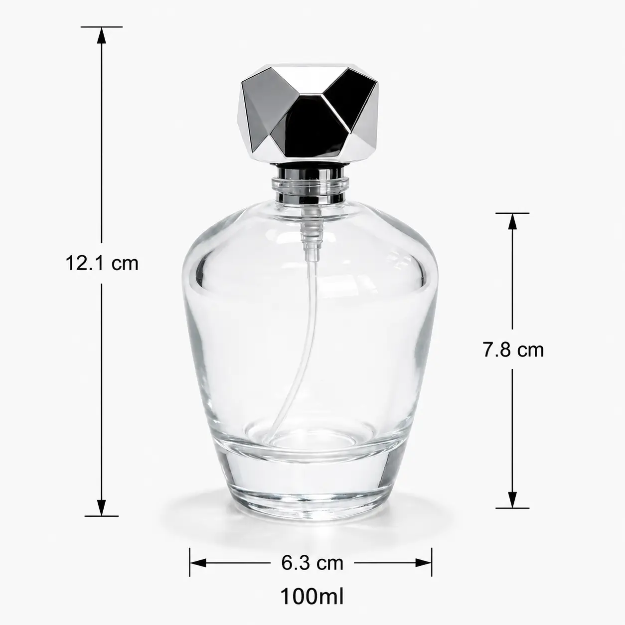 100ml Rounded Glass Perfume Bottle Dimensions and Capacity 100ml rounded glass perfume bottle dimensions showing 63 mm width 63 mm depth and 121 mm overall height with cap