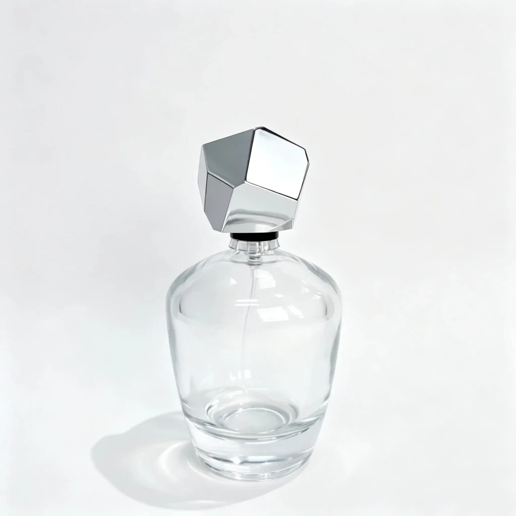 100ml rounded glass perfume bottle shown in complete front view with crimp sprayer and geometric faceted outer cap