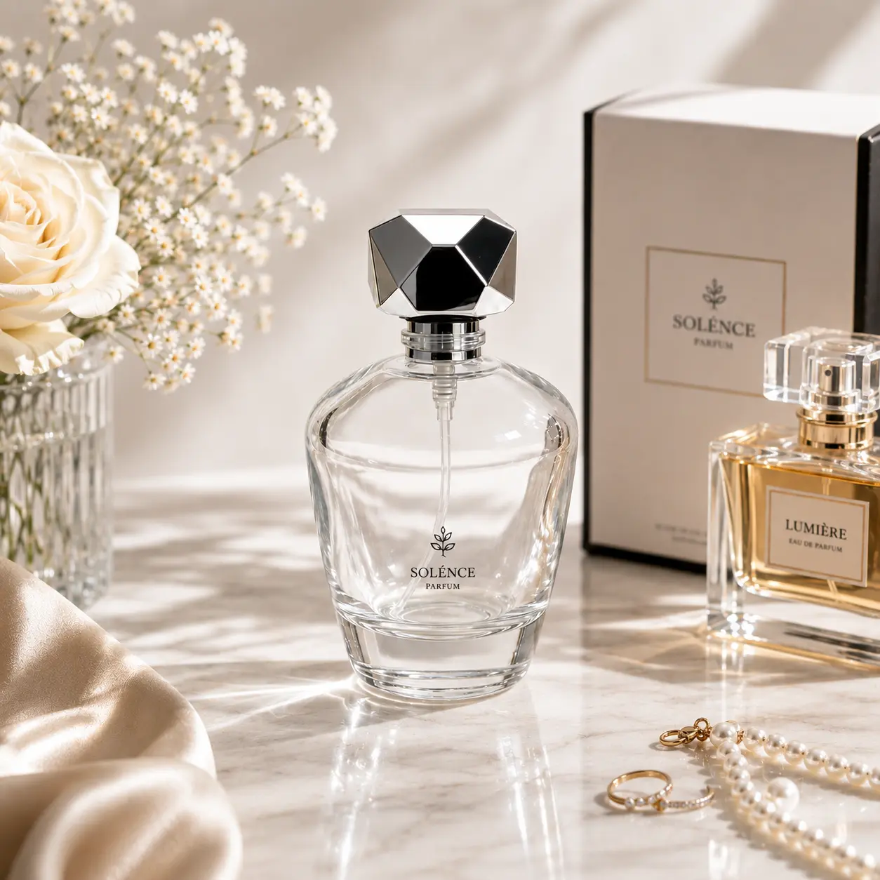 100ml Rounded Glass Perfume Bottle Packaging Scene 100ml rounded glass perfume bottle displayed in a fragrance packaging scene with its distinctive faceted outer cap