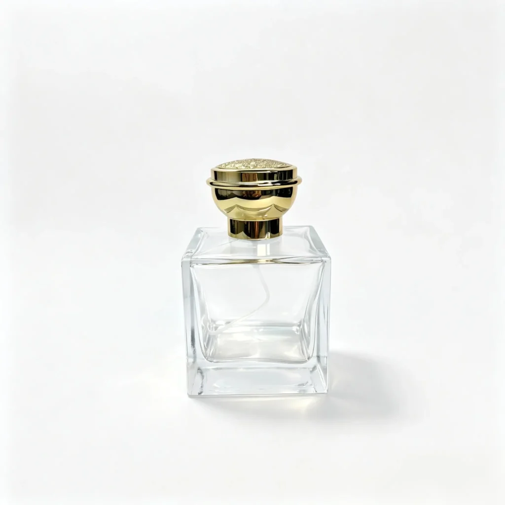 100ml square heavy base perfume bottle shown in complete front view with crimp sprayer and outer cap