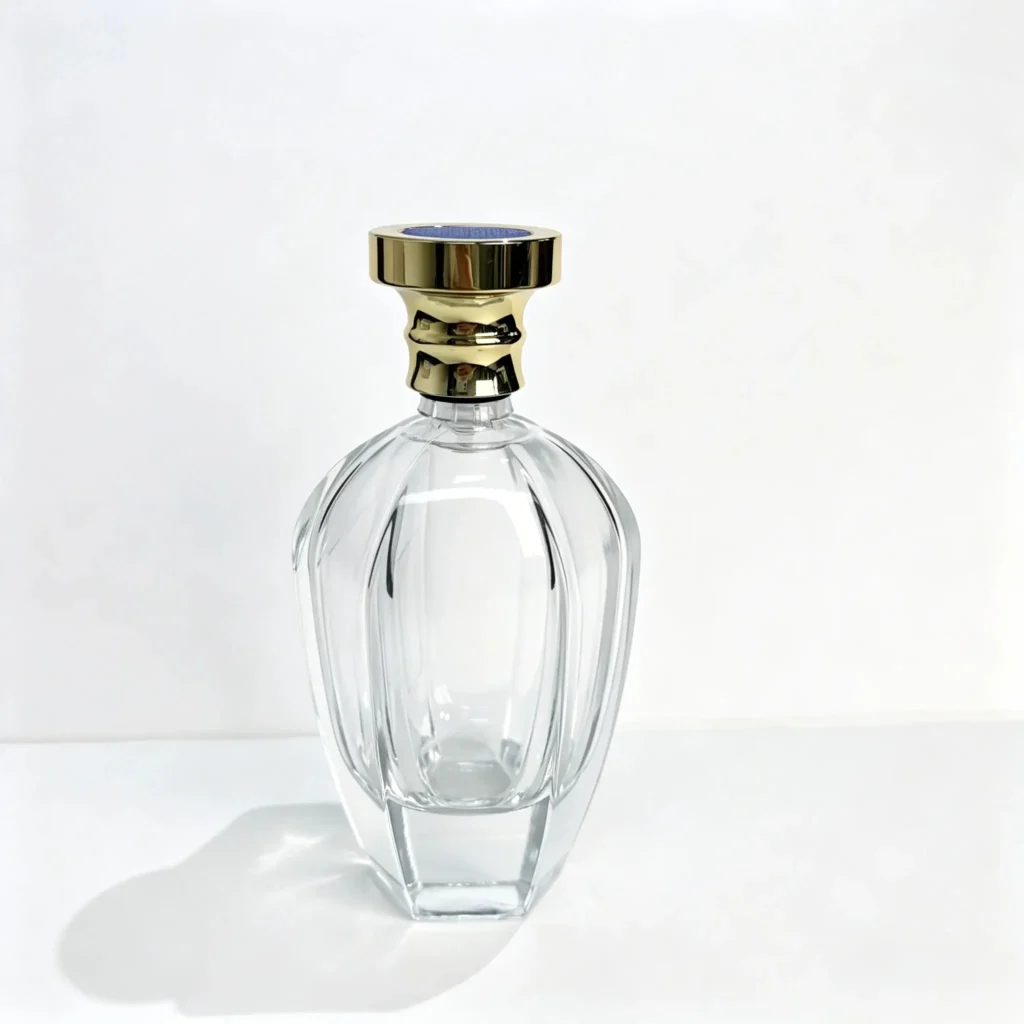 100ml ribbed clear glass perfume bottle with gold and blue decorative cap