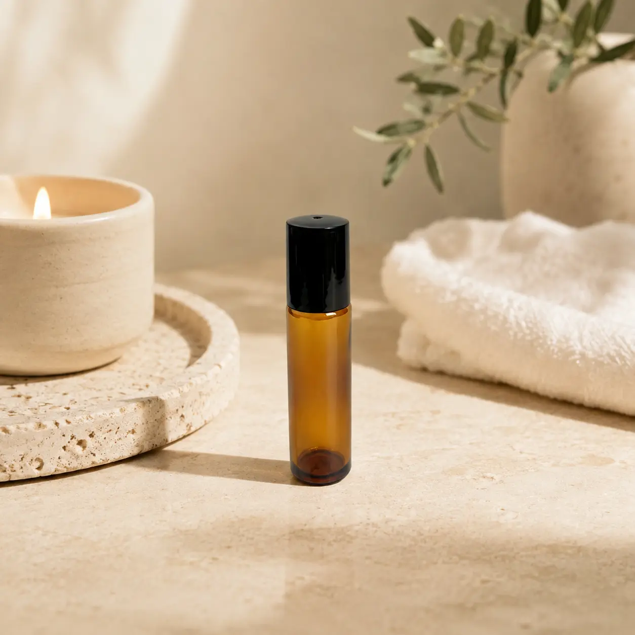 10ml Amber Glass Roller Bottle Candle Holder Scene 10ml amber glass roll on perfume bottle displayed beside a candle holder in a fragrance packaging scene