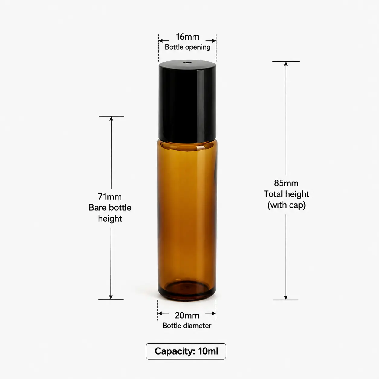 10ml Amber Glass Roller Bottle Dimensions and Capacity 10ml amber glass roll on perfume bottle dimensions showing 16 mm width 85 mm capped height 71 mm bottle height and 10ml capacity